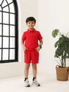 Spunkies Boys Red Solid Collared Short Sleeves Polo T-Shirt and Shorts Set