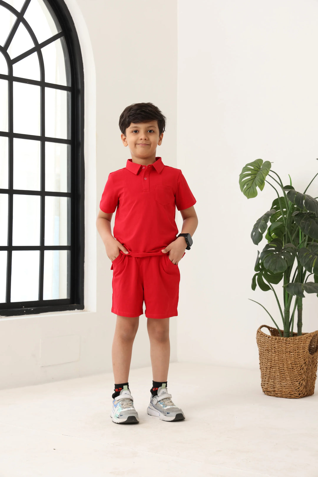 Spunkies Boys Red Solid Collared Short Sleeves Polo T-Shirt and Shorts Set