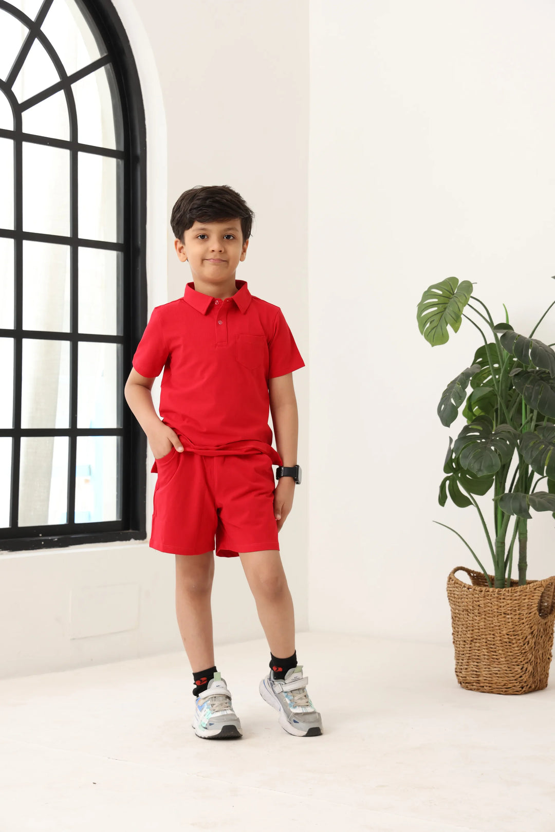 Spunkies Boys Red Solid Collared Short Sleeves Polo T-Shirt and Shorts Set