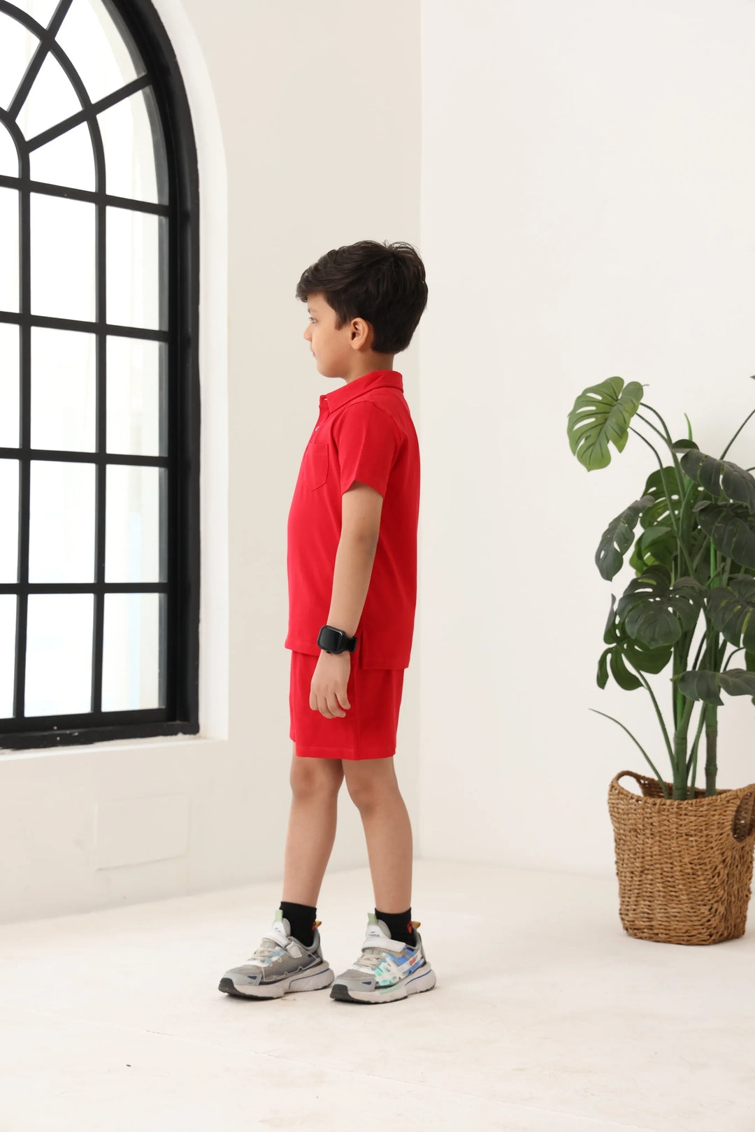 Spunkies Boys Red Solid Collared Short Sleeves Polo T-Shirt and Shorts Set