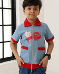 Spunkies Boys Blue Cotton Zip Shirt with Graphic Design