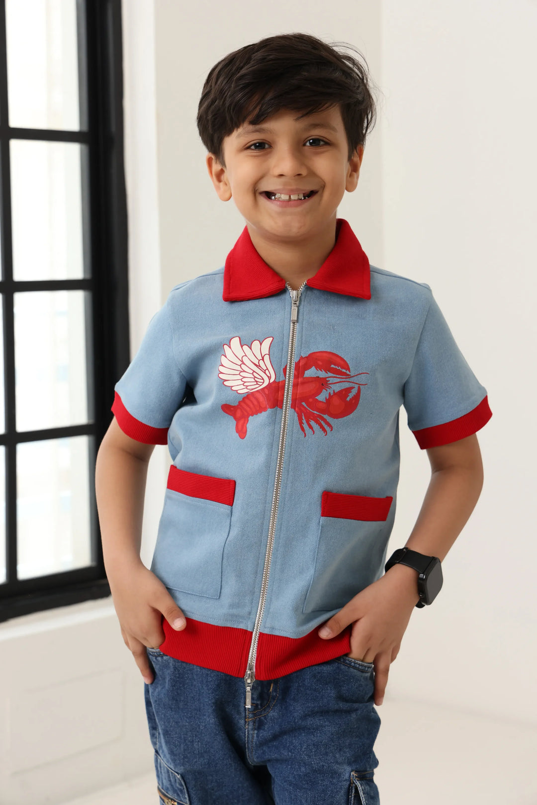 Spunkies Boys Blue Cotton Zip Shirt with Graphic Design