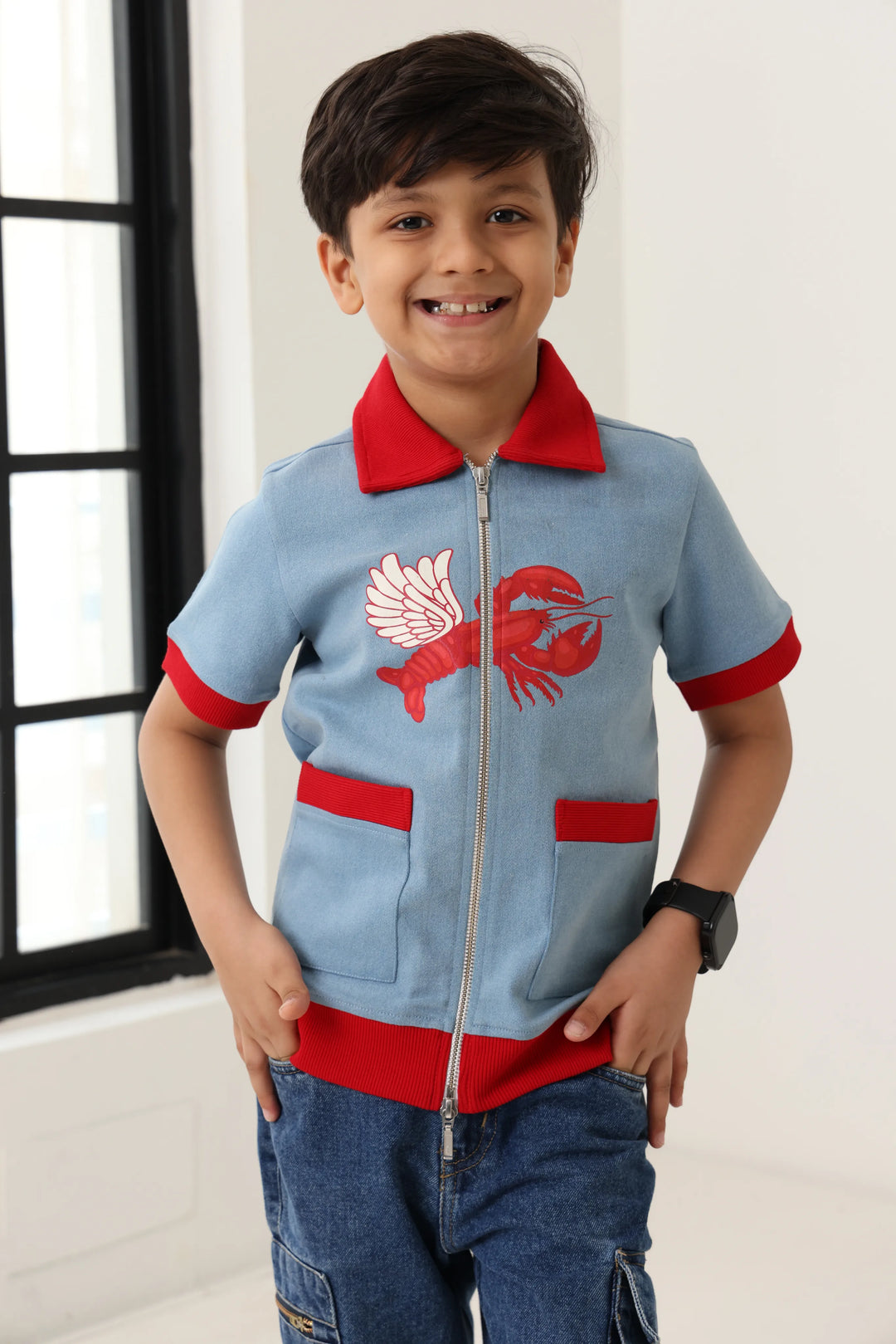 Spunkies Boys Blue Cotton Zip Shirt with Graphic Design