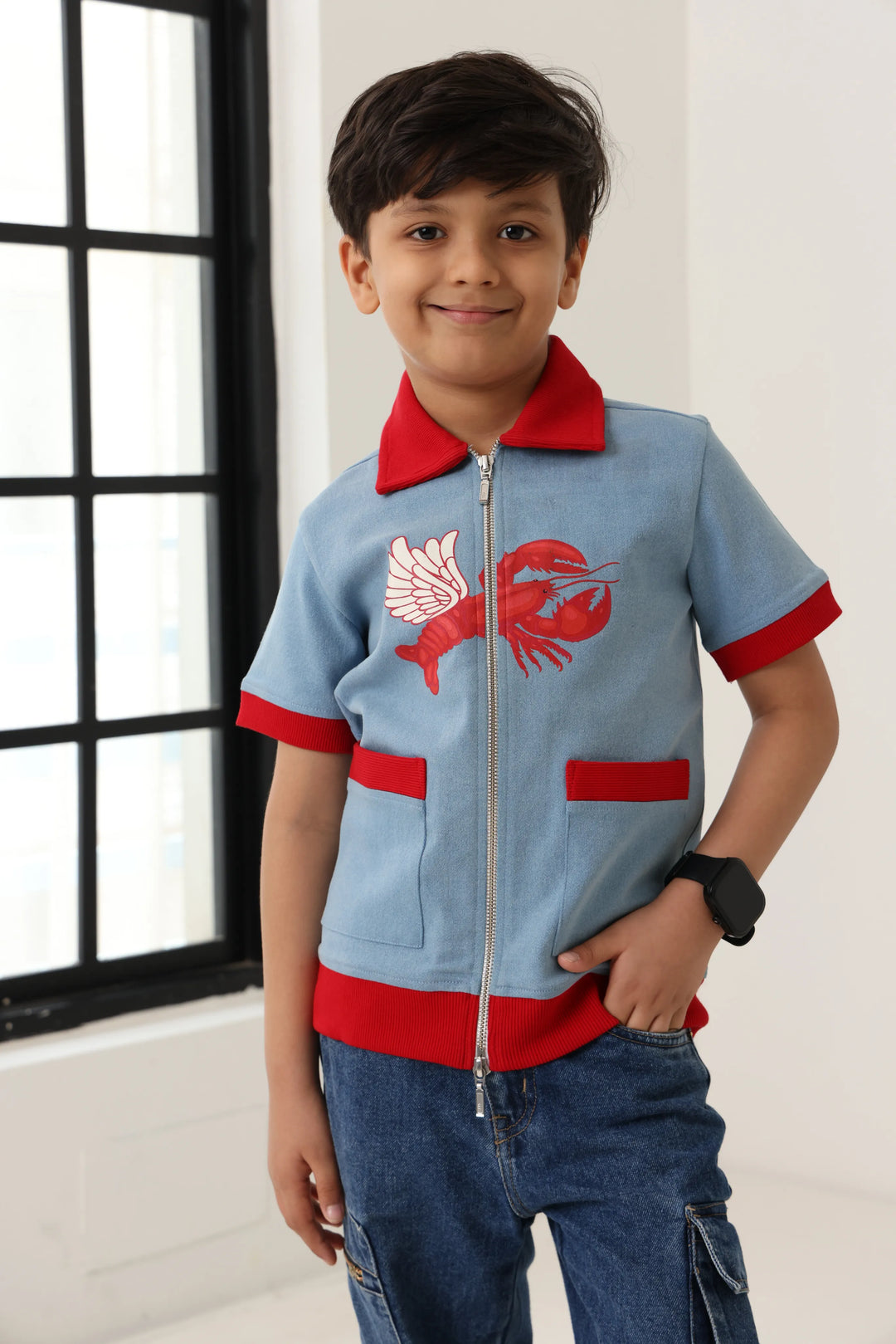 Spunkies Boys Blue Cotton Zip Shirt with Graphic Design