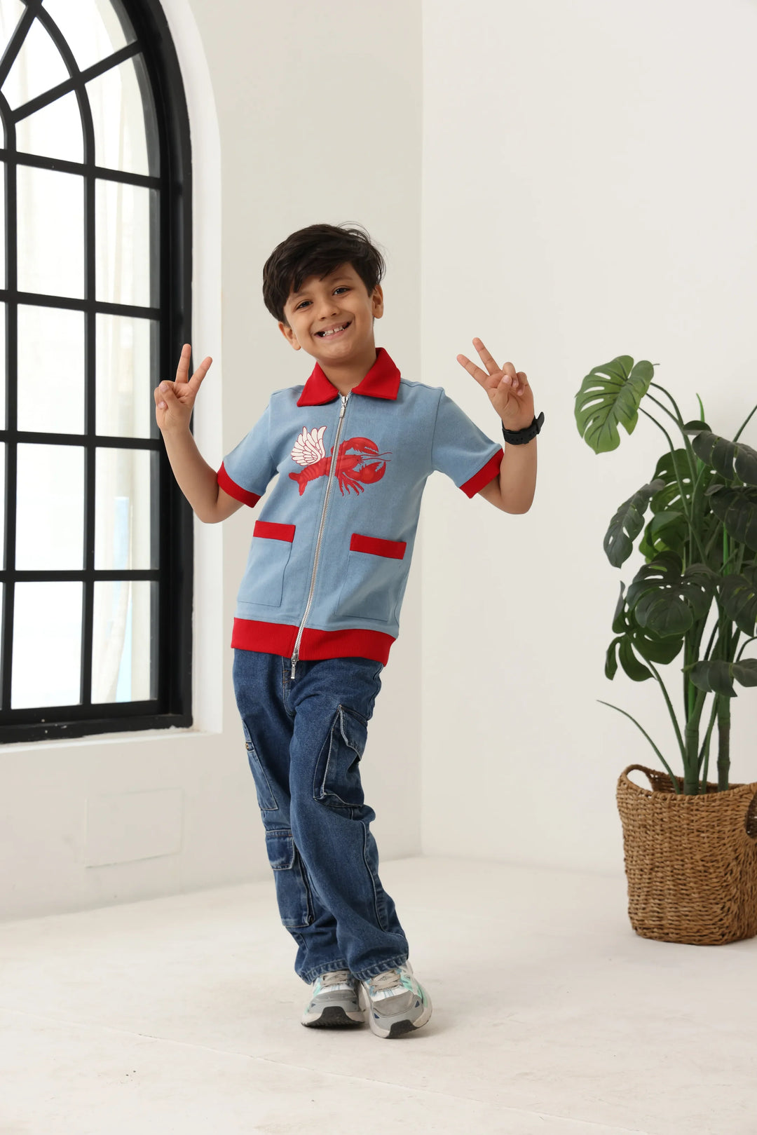 Spunkies Boys Blue Cotton Zip Shirt with Graphic Design