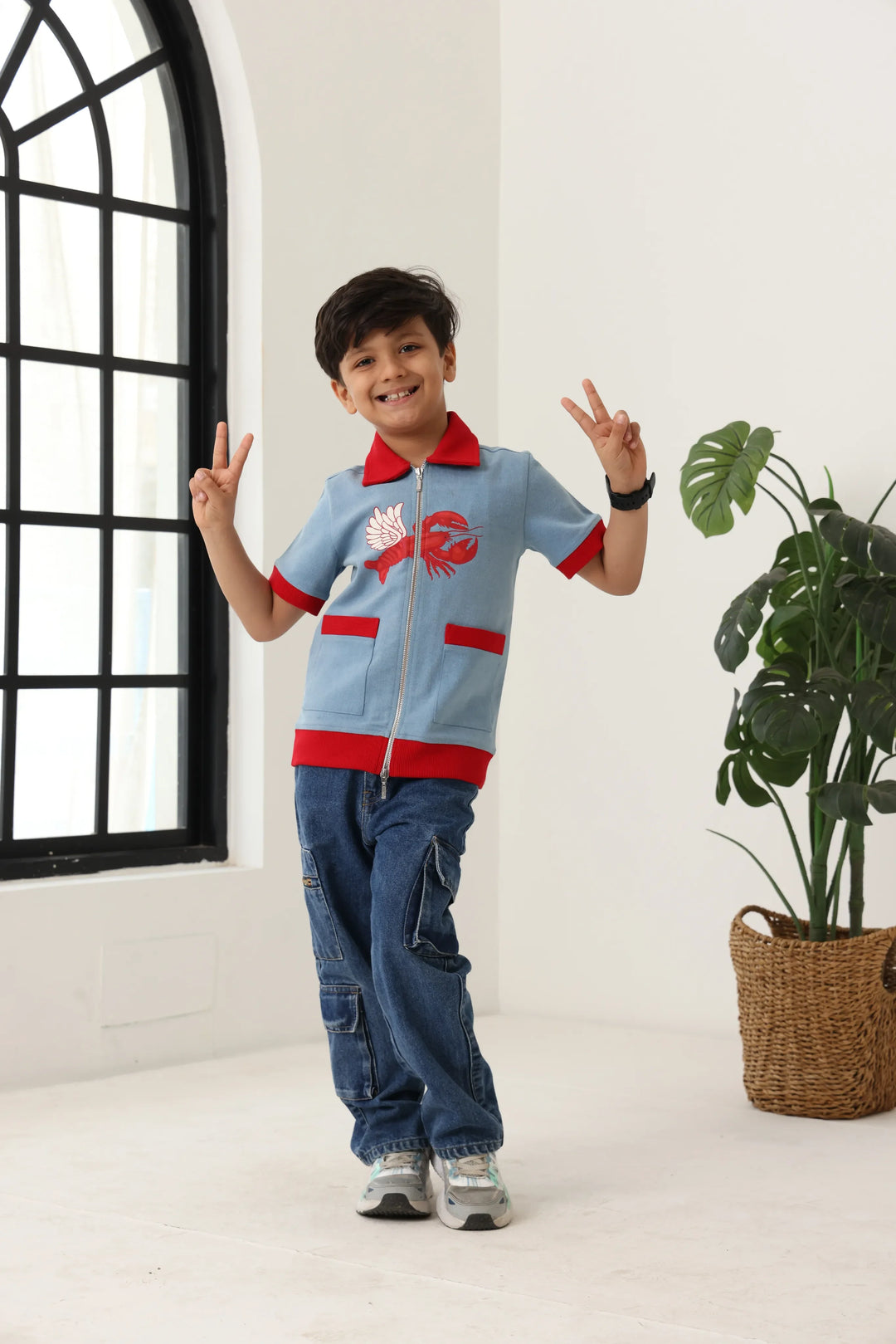Spunkies Boys Blue Cotton Zip Shirt with Graphic Design