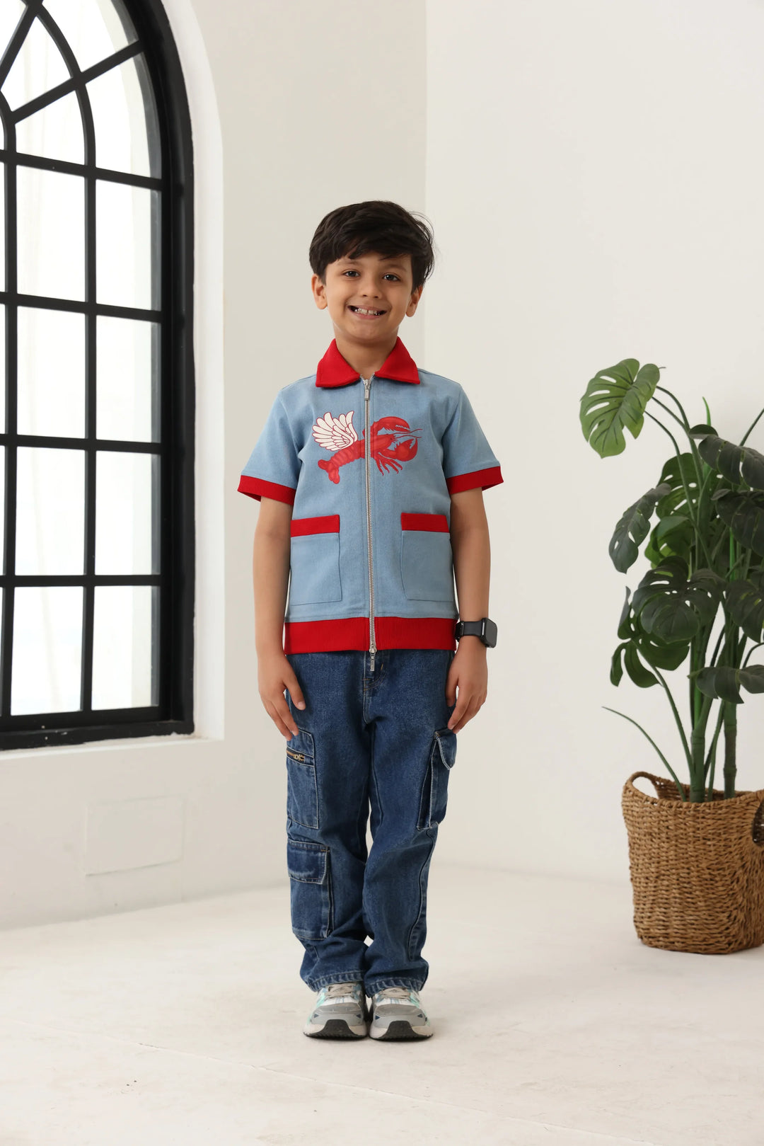 Spunkies Boys Blue Cotton Zip Shirt with Graphic Design