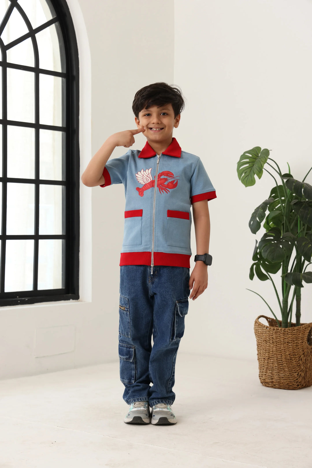 Spunkies Boys Blue Cotton Zip Shirt with Graphic Design