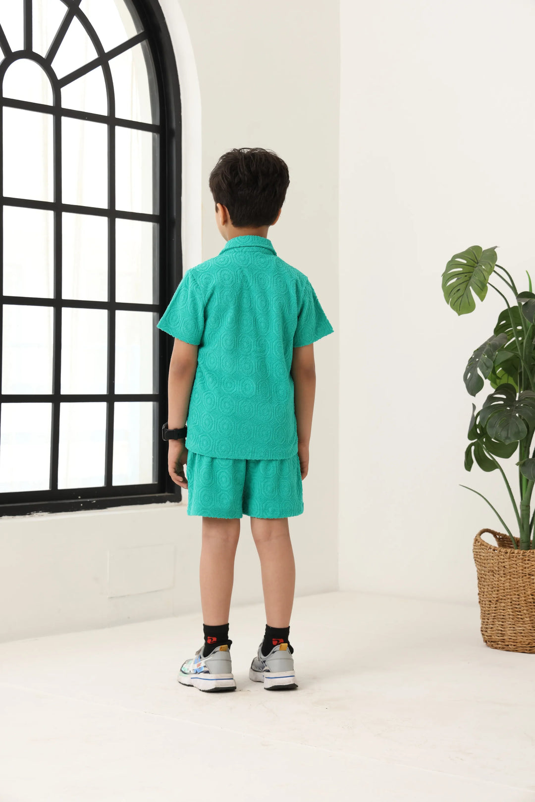 Boys Green Cotton Jacquard  Polo T-shirt and Shorts Set