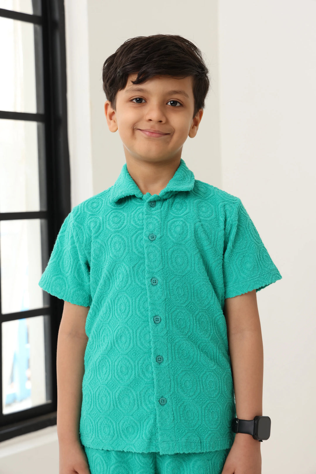Boys Green Cotton Jacquard  Polo T-shirt and Shorts Set