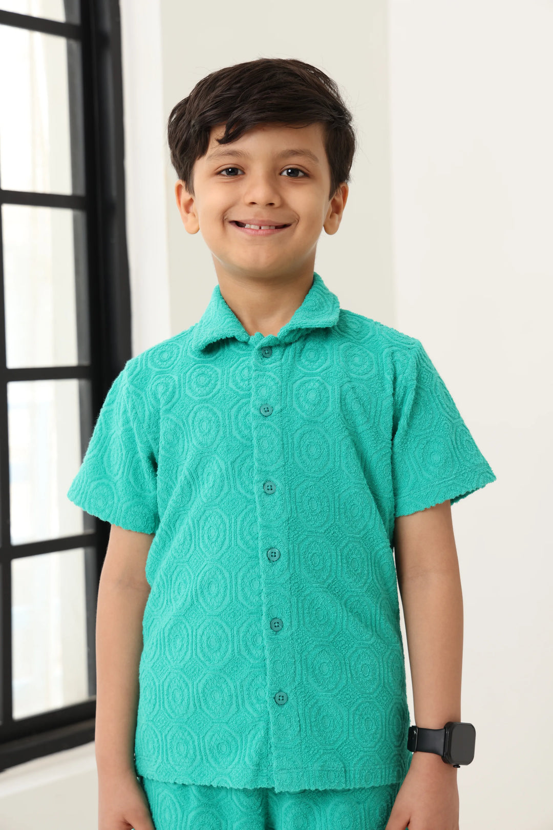 Boys Green Cotton Jacquard  Polo T-shirt and Shorts Set