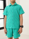 Boys Green Cotton Jacquard  Polo T-shirt and Shorts Set