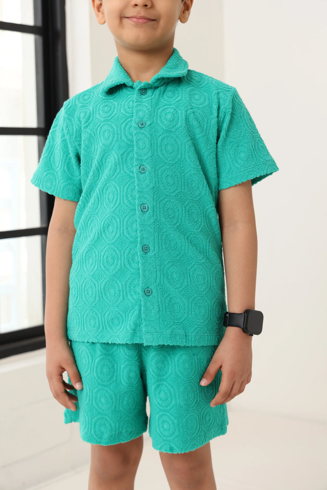 Boys Green Cotton Jacquard  Polo T-shirt and Shorts Set