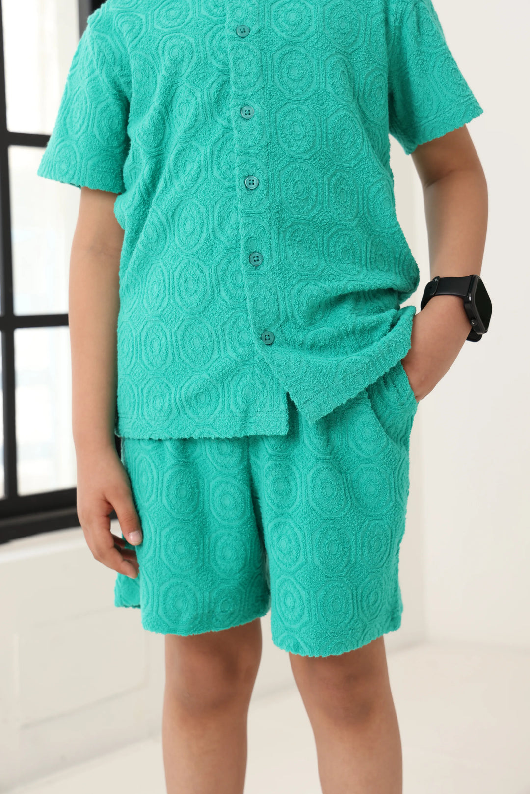 Boys Green Cotton Jacquard  Polo T-shirt and Shorts Set