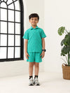 Boys Green Cotton Jacquard  Polo T-shirt and Shorts Set