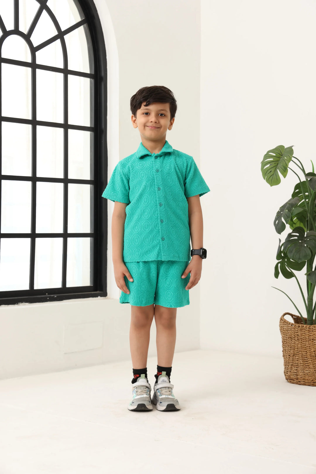 Boys Green Cotton Jacquard  Polo T-shirt and Shorts Set