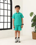 Boys Green Cotton Jacquard  Polo T-shirt and Shorts Set