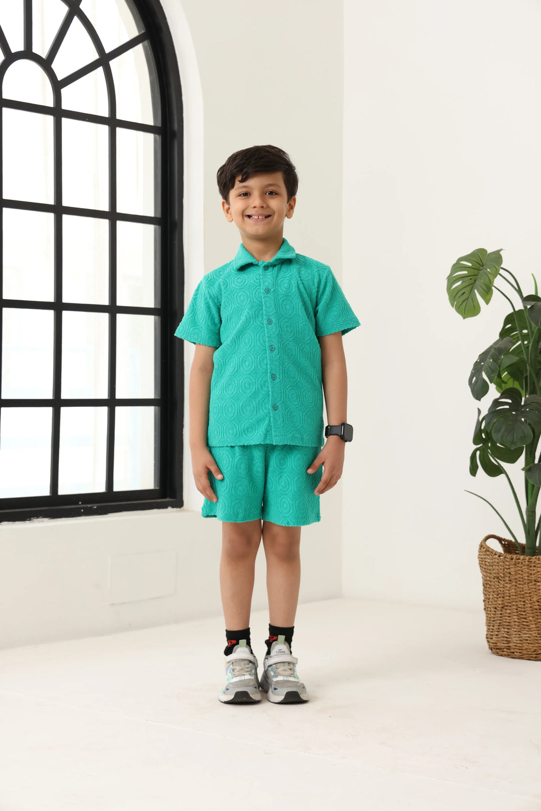 Boys Green Cotton Jacquard  Polo T-shirt and Shorts Set