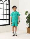 Boys Green Cotton Jacquard  Polo T-shirt and Shorts Set