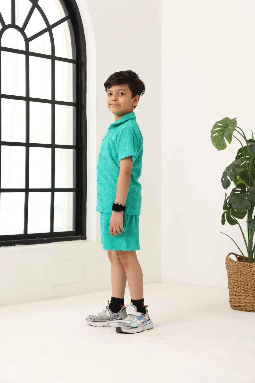 Boys Green Cotton Jacquard  Polo T-shirt and Shorts Set