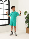 Boys Green Cotton Jacquard  Polo T-shirt and Shorts Set
