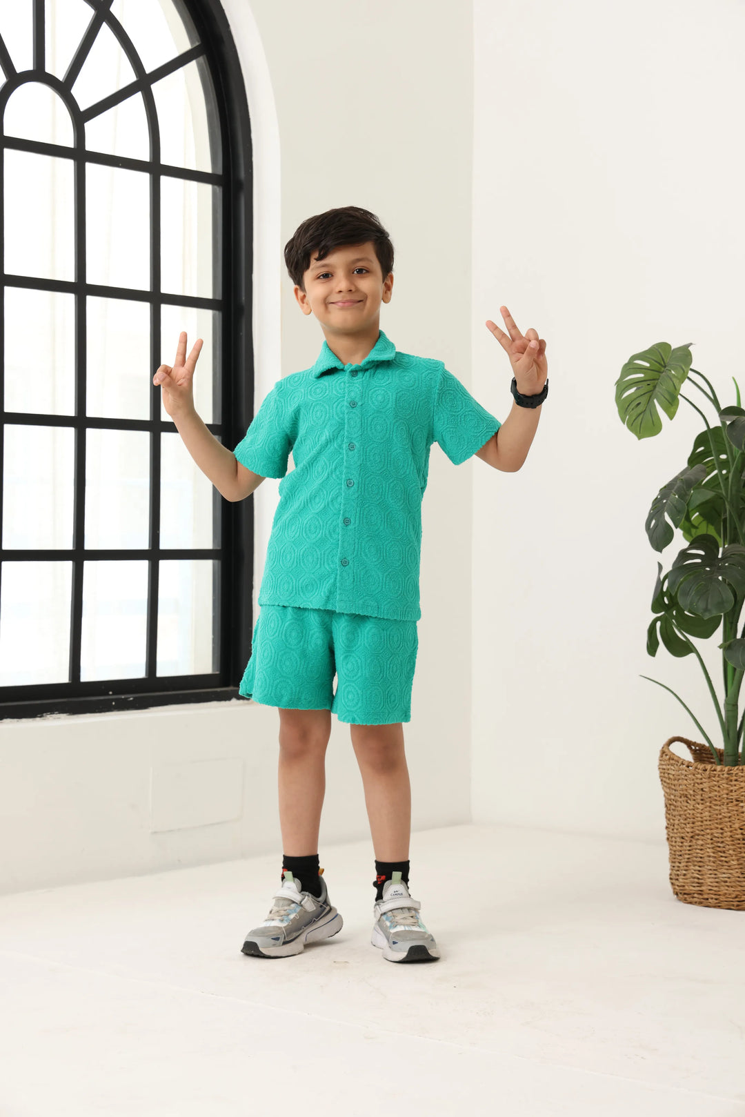 Boys Green Cotton Jacquard  Polo T-shirt and Shorts Set