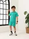 Boys Green Cotton Jacquard  Polo T-shirt and Shorts Set