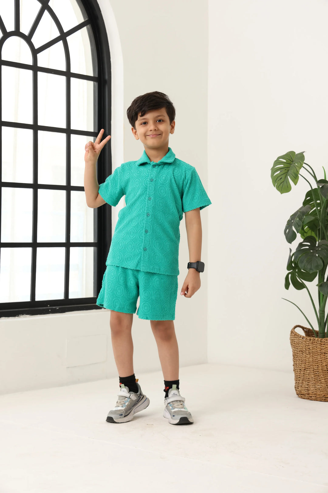 Boys Green Cotton Jacquard  Polo T-shirt and Shorts Set