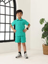 Boys Green Cotton Jacquard  Polo T-shirt and Shorts Set