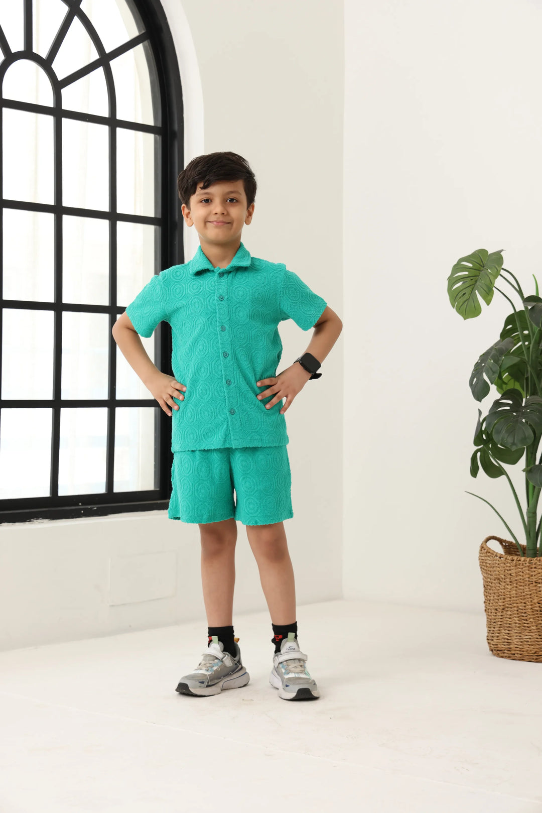 Boys Green Cotton Jacquard  Polo T-shirt and Shorts Set