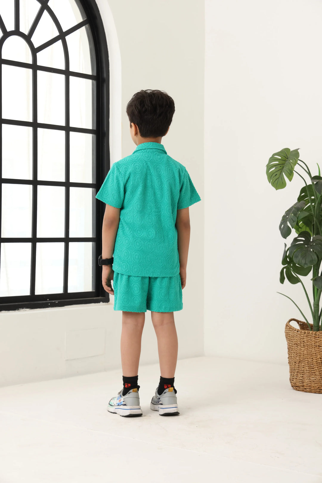 Boys Green Cotton Jacquard  Polo T-shirt and Shorts Set