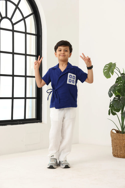 Spunkies Boys Textured Resort Collar Short Sleeves Wrap Shirt and Trousers Set