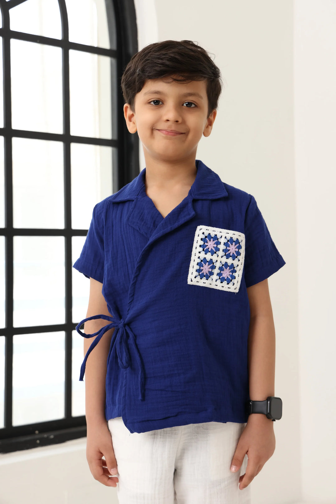 Spunkies Boys Textured Resort Collar Short Sleeves Wrap Shirt and Trousers Set