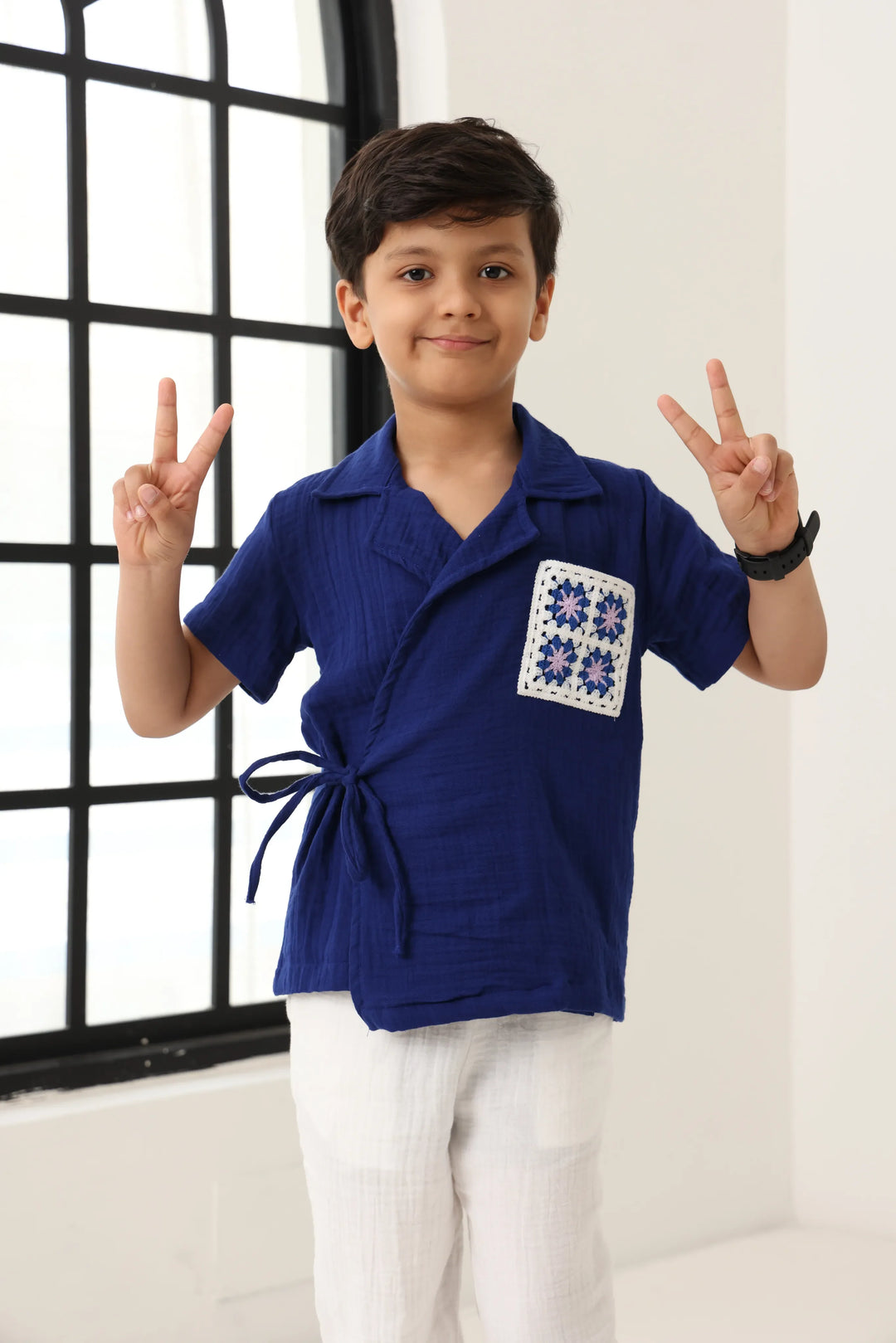 Spunkies Boys Textured Resort Collar Short Sleeves Wrap Shirt and Trousers Set