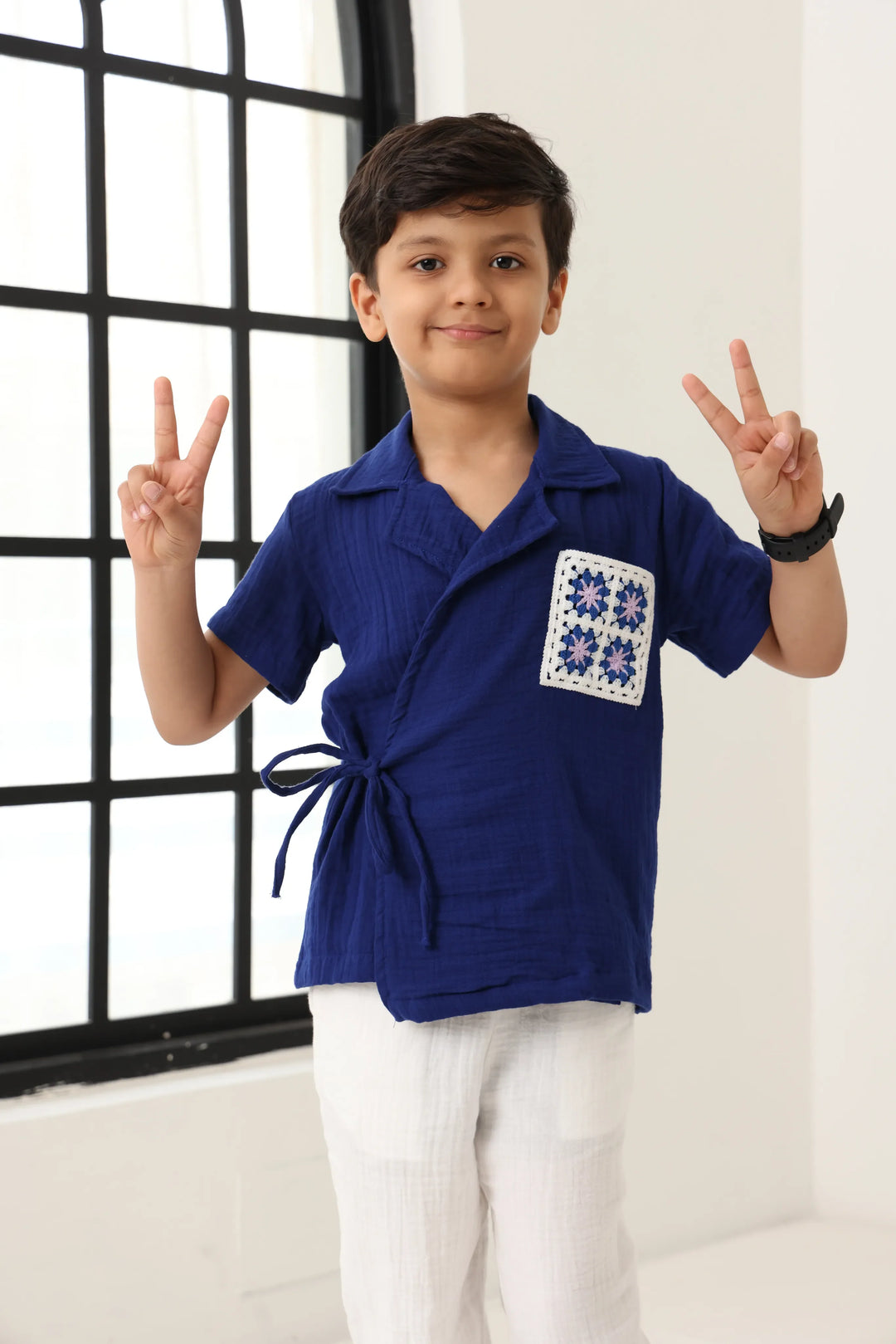 Spunkies Boys Textured Resort Collar Short Sleeves Wrap Shirt and Trousers Set