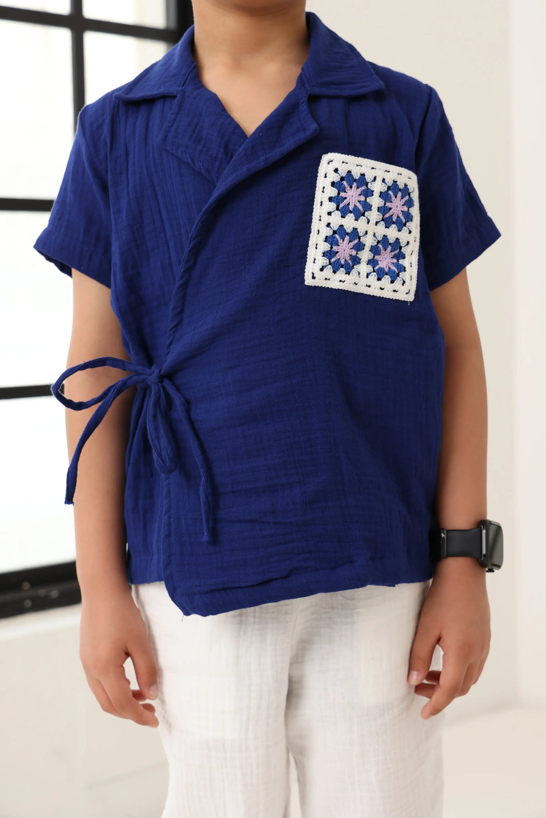 Spunkies Boys Textured Resort Collar Short Sleeves Wrap Shirt and Trousers Set
