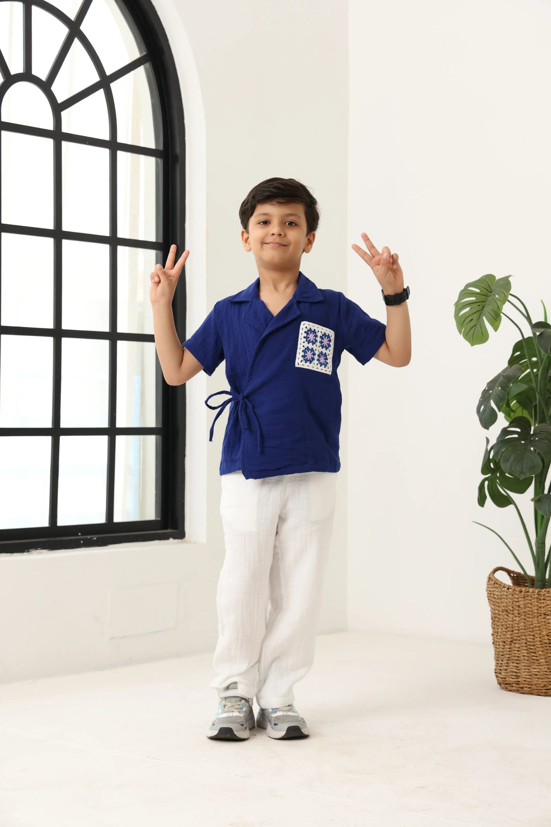Spunkies Boys Textured Resort Collar Short Sleeves Wrap Shirt and Trousers Set