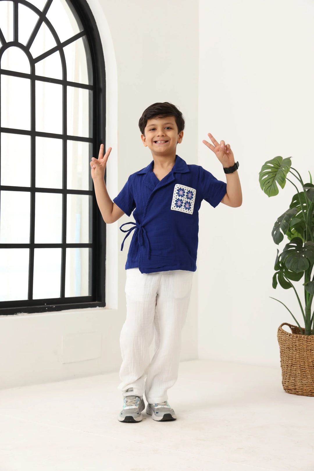 Spunkies Boys Textured Resort Collar Short Sleeves Wrap Shirt and Trousers Set