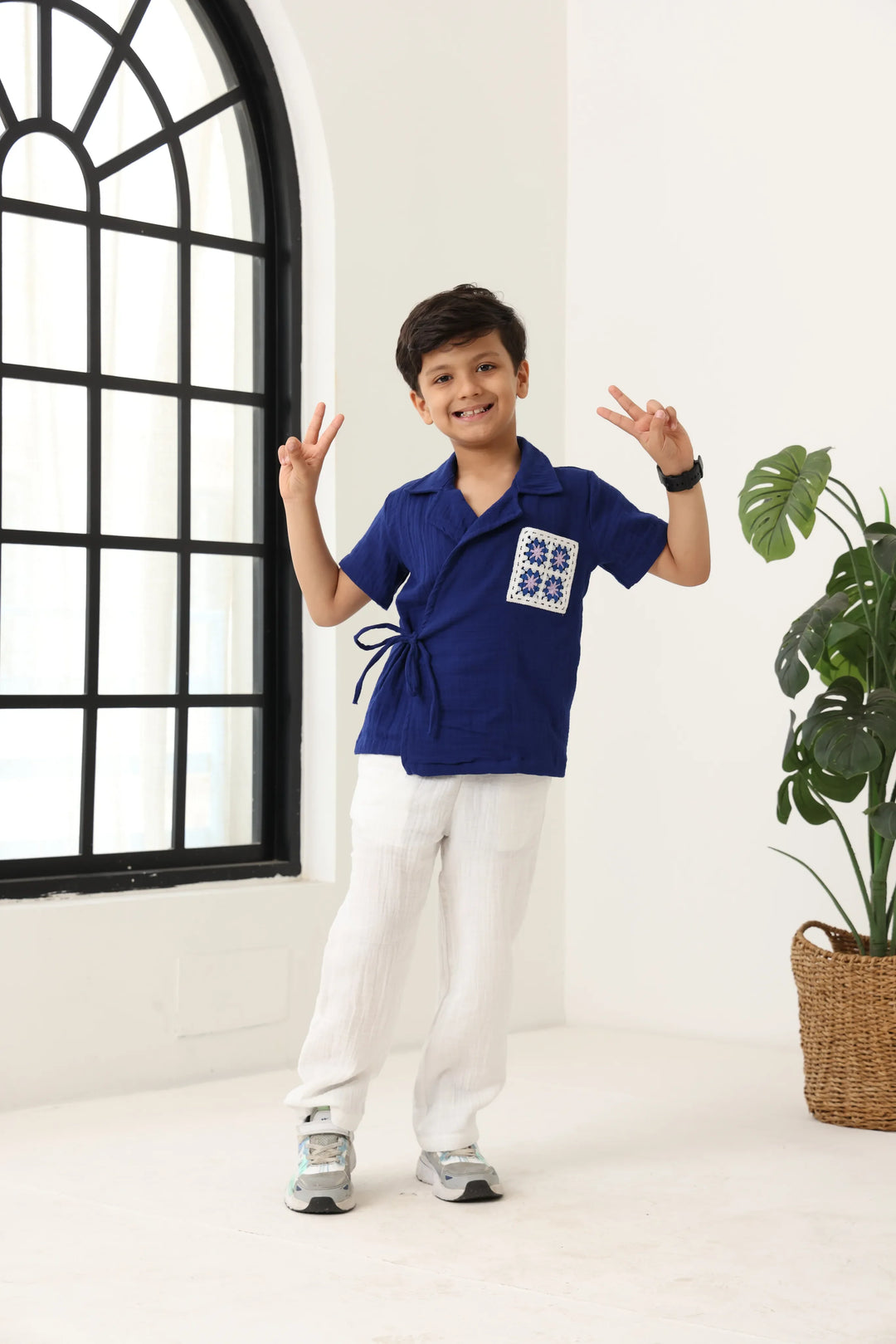 Spunkies Boys Textured Resort Collar Short Sleeves Wrap Shirt and Trousers Set