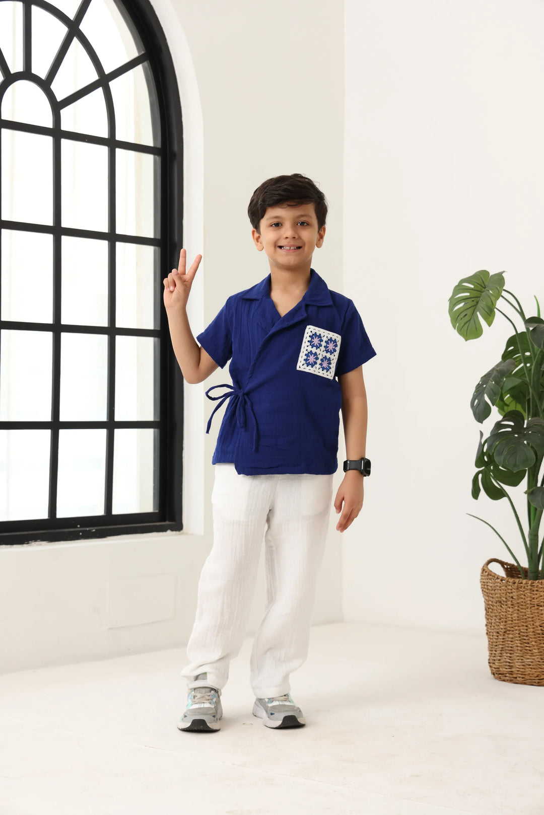 Spunkies Boys Textured Resort Collar Short Sleeves Wrap Shirt and Trousers Set
