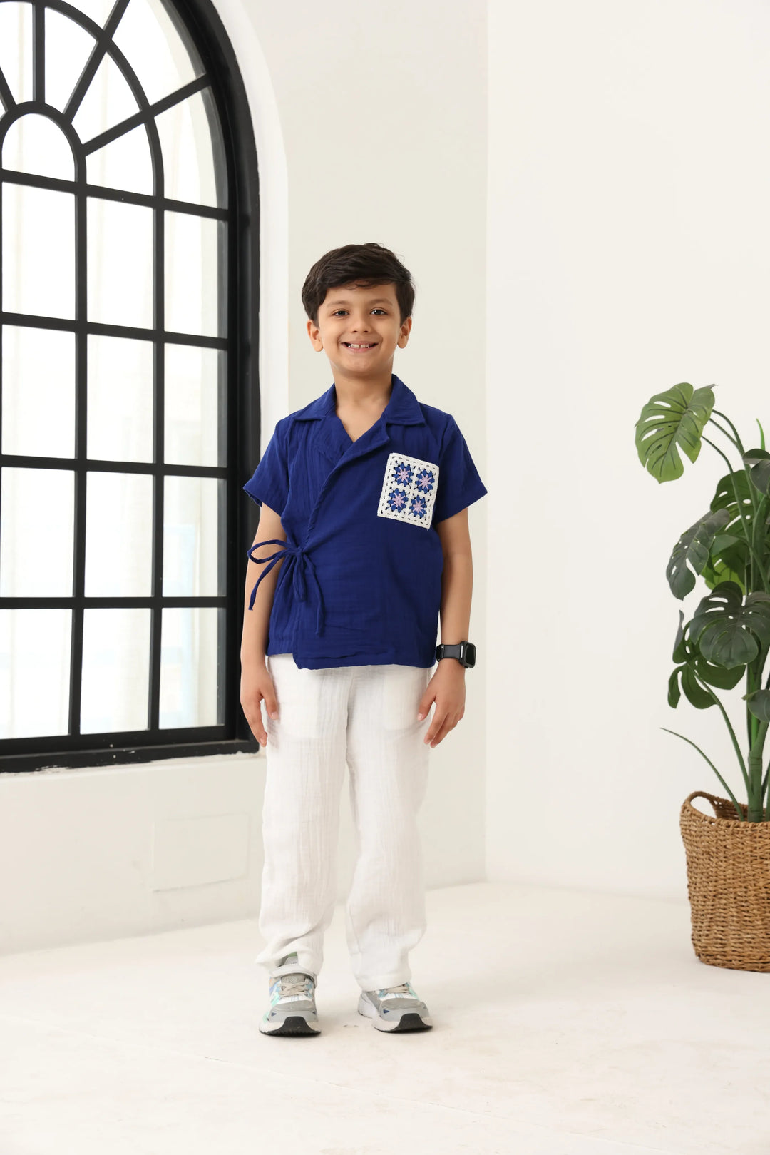Spunkies Boys Textured Resort Collar Short Sleeves Wrap Shirt and Trousers Set