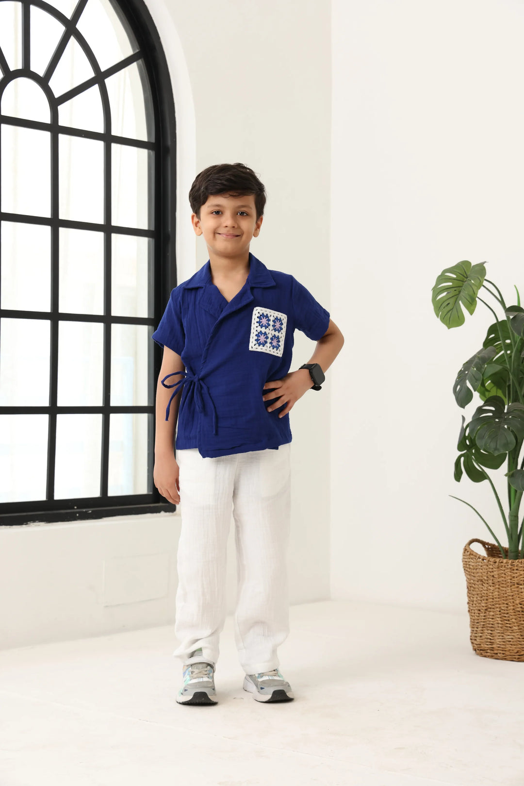Spunkies Boys Textured Resort Collar Short Sleeves Wrap Shirt and Trousers Set