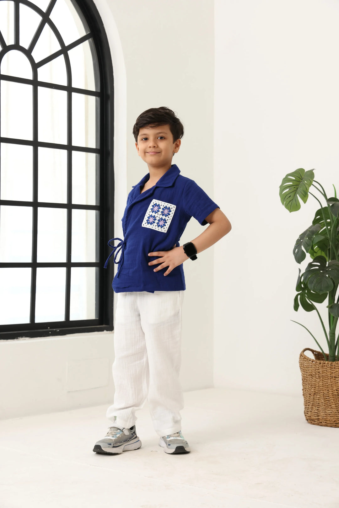 Spunkies Boys Textured Resort Collar Short Sleeves Wrap Shirt and Trousers Set