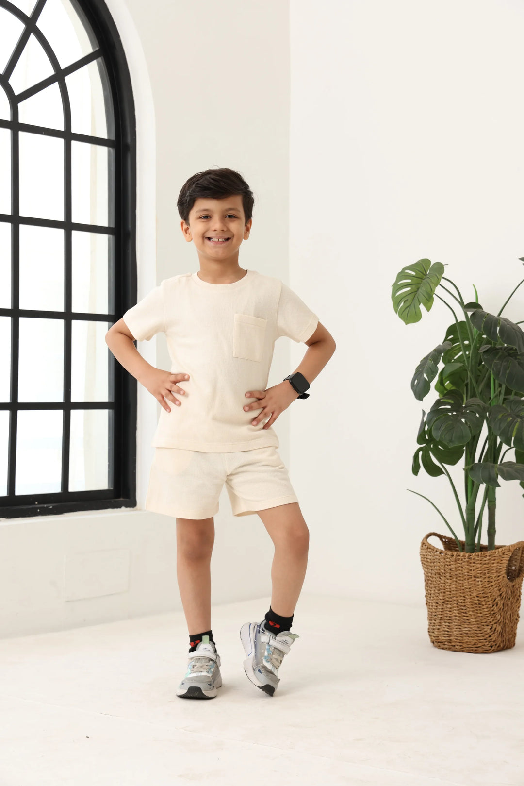 Spunkies Boys Cream Solid Crew Neck Short Sleeves T-Shirt and Shorts Set