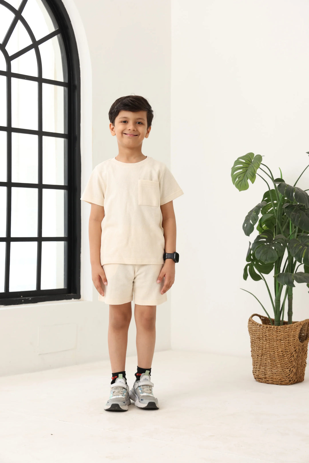 Spunkies Boys Cream Solid Crew Neck Short Sleeves T-Shirt and Shorts Set