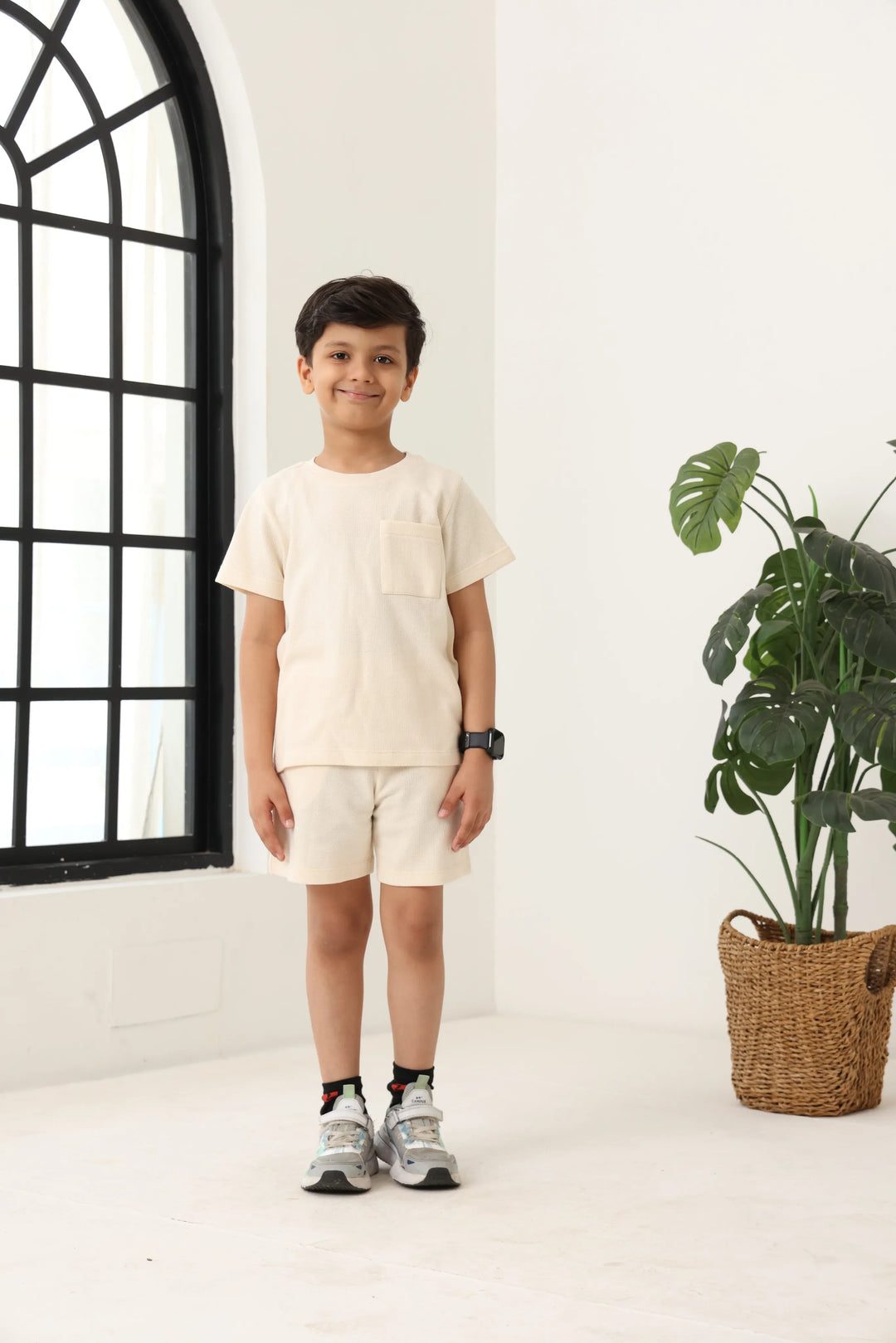 Spunkies Boys Cream Solid Crew Neck Short Sleeves T-Shirt and Shorts Set