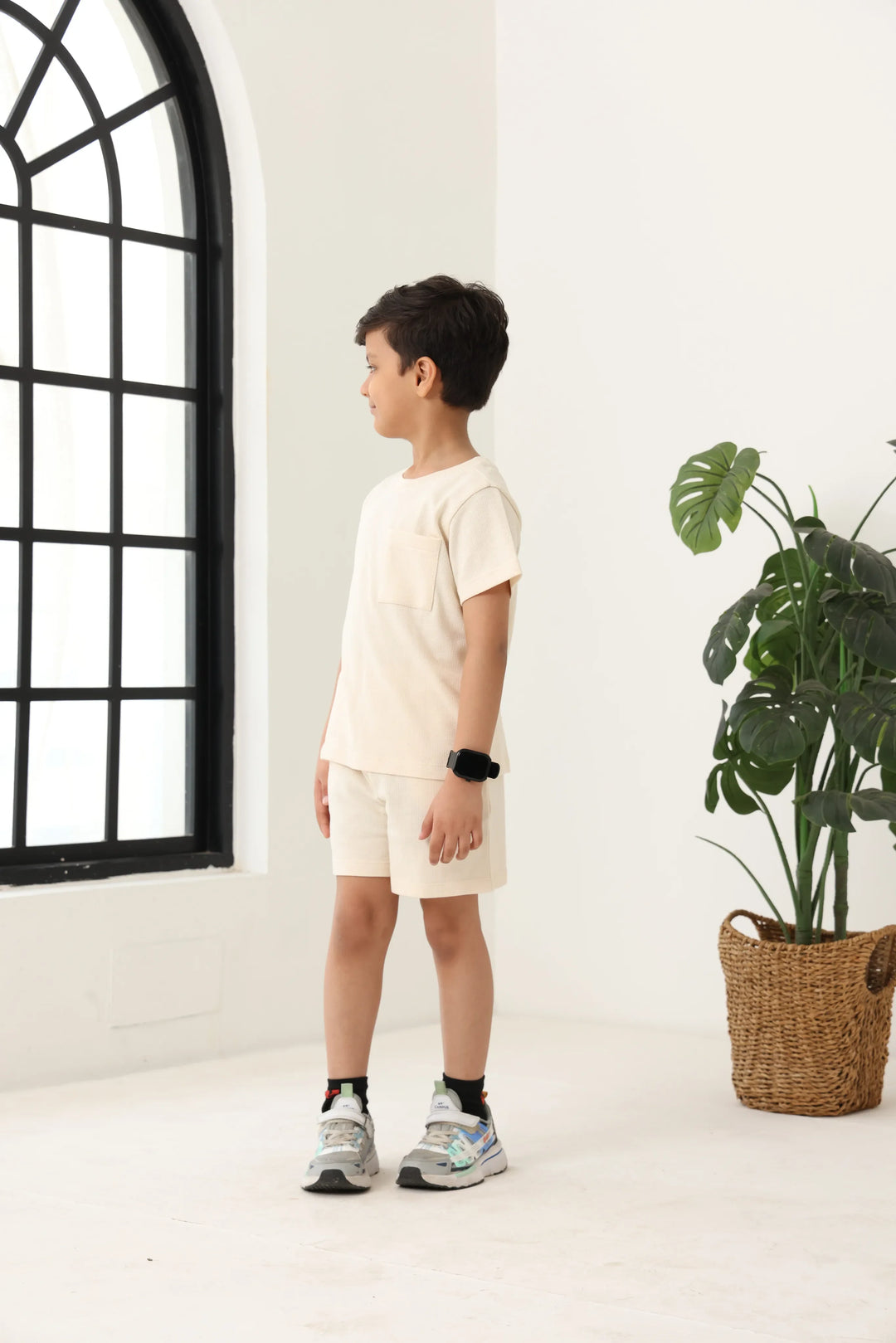 Spunkies Boys Cream Solid Crew Neck Short Sleeves T-Shirt and Shorts Set