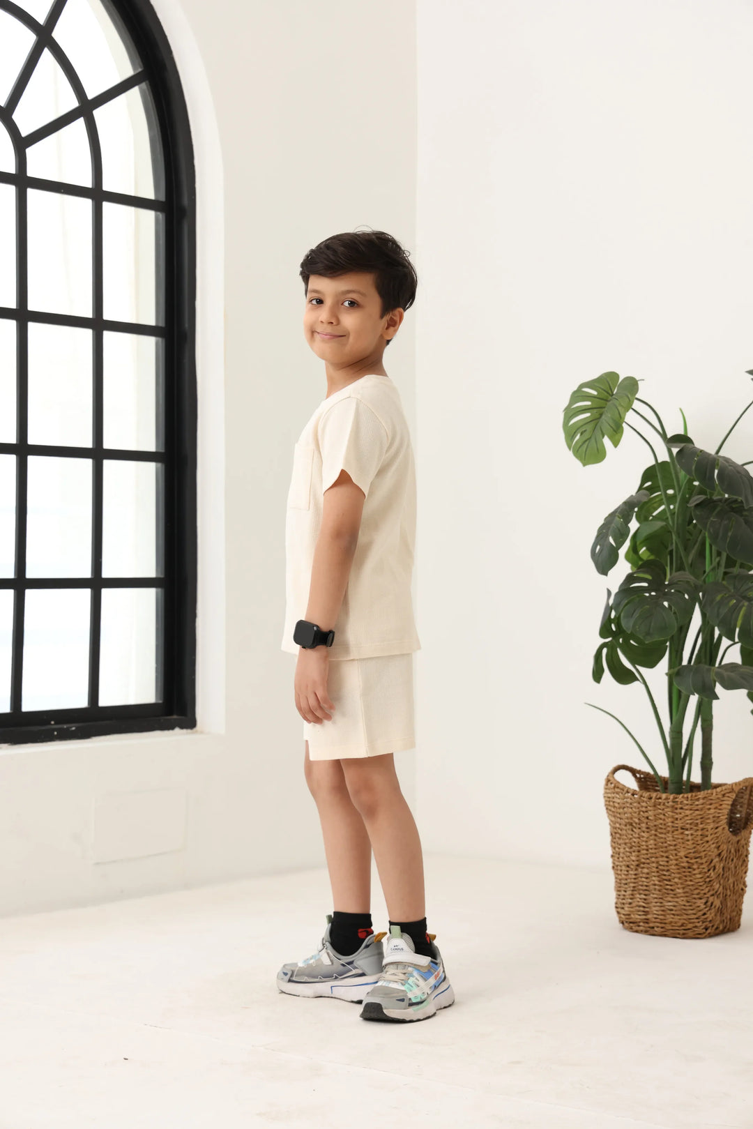 Spunkies Boys Cream Solid Crew Neck Short Sleeves T-Shirt and Shorts Set