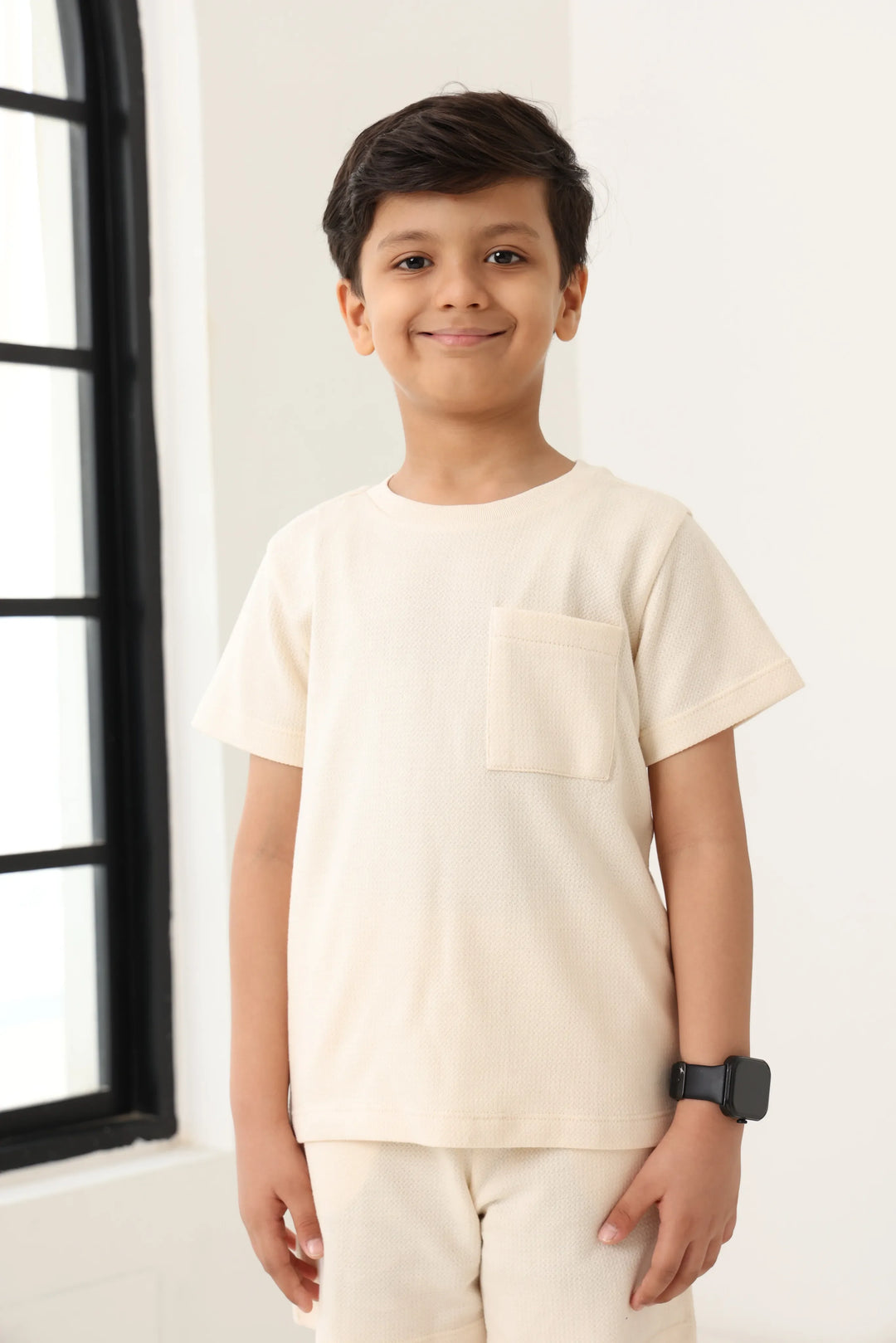Spunkies Boys Cream Solid Crew Neck Short Sleeves T-Shirt and Shorts Set