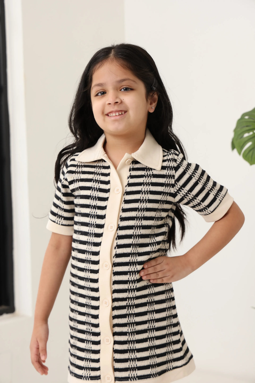 Spunkies Black Girls Crochet Striped Spread Collar Short Sleeves Shirt Dress